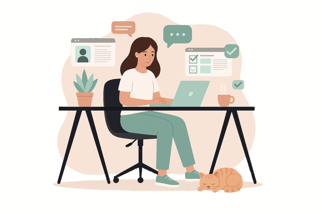 dessin en flat design d'une fille qui travaille sur son bureau